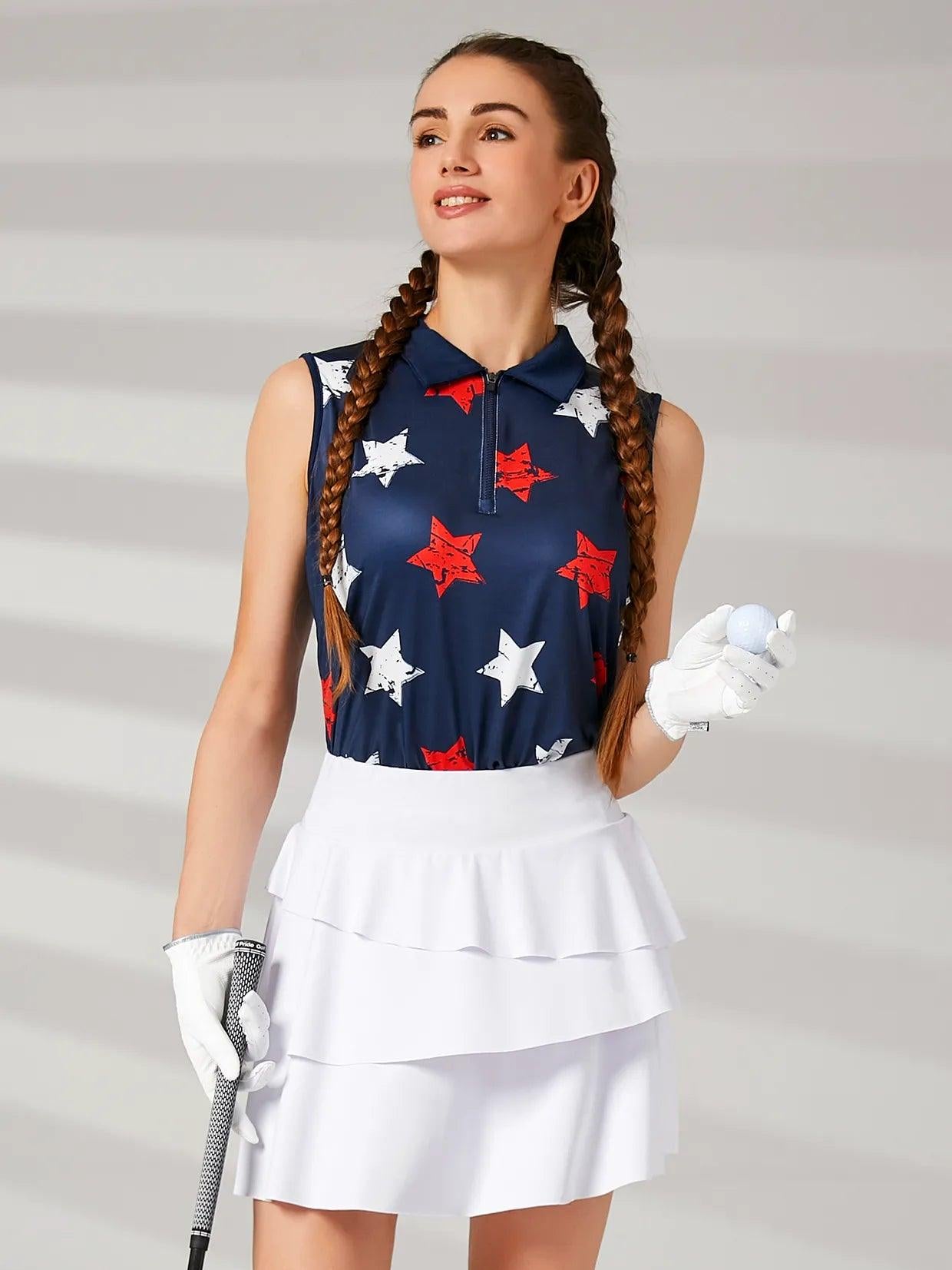 Red and White Stars Short Sleeve Golf Shirt for Ladies