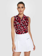 Red and White Heart Quarter-zip Sleeveless Polo Shirt For Women