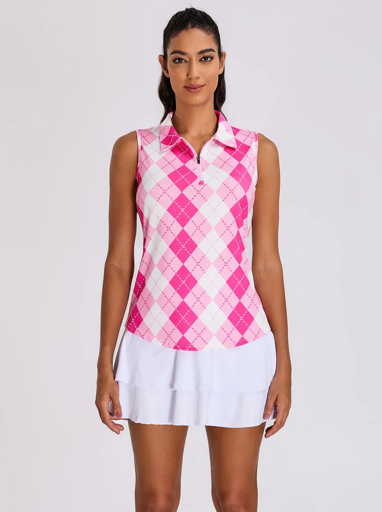 Pink Checkerboard Quarter-zip Sleeveless Polo Shirt For Women