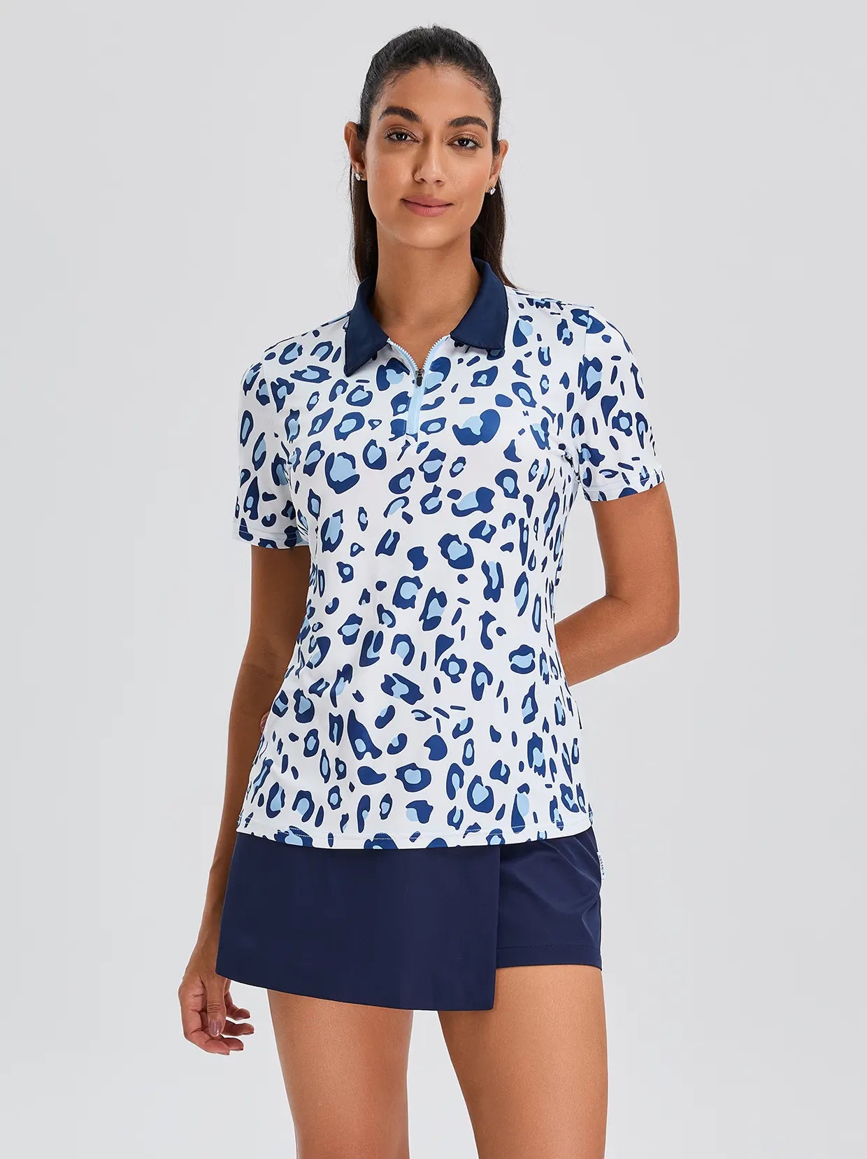 Blue Leopard Print Quarterzip Short Sleeves Golf Polo Shirt for Women