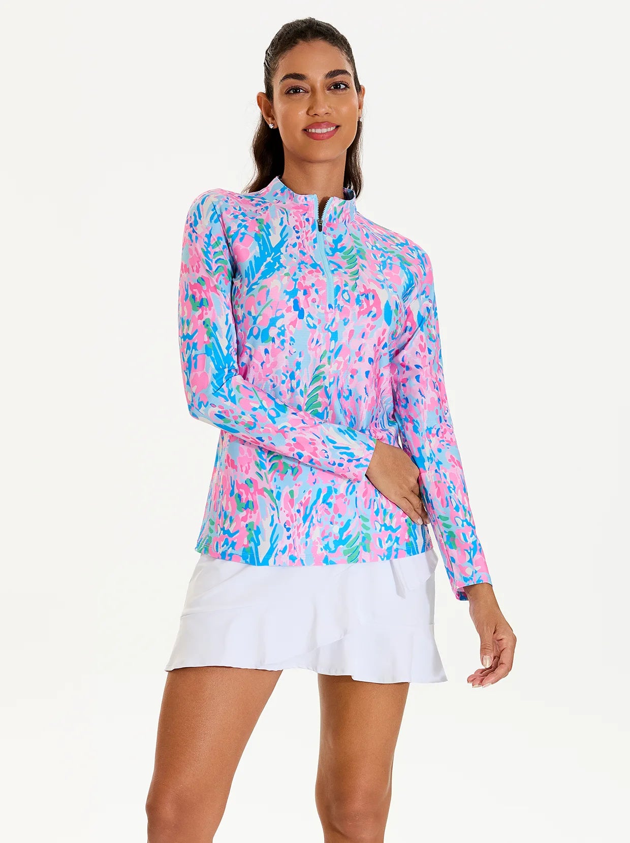 Tropical Print Stand-collar Long-sleeve Shirt for Women