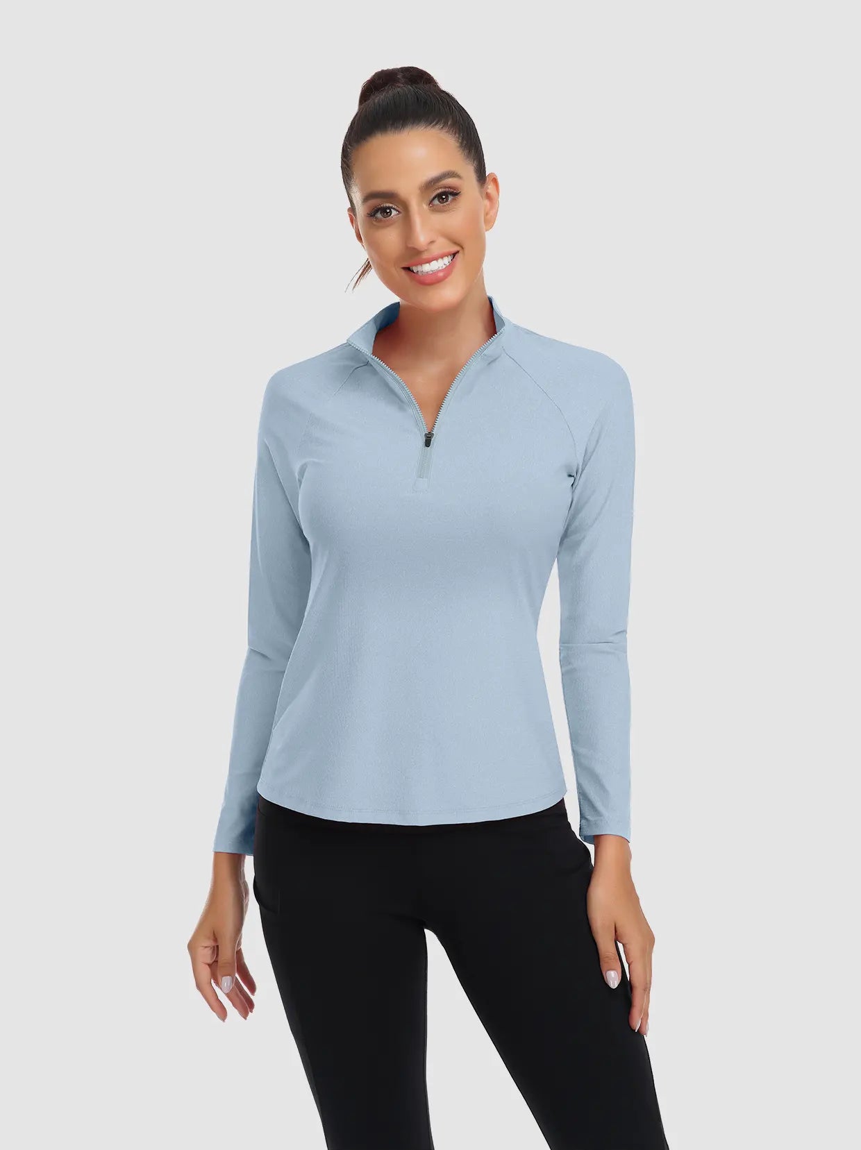 Light Blue Quarter-Zip Collar Long Sleeve Tennis Shirt for Women