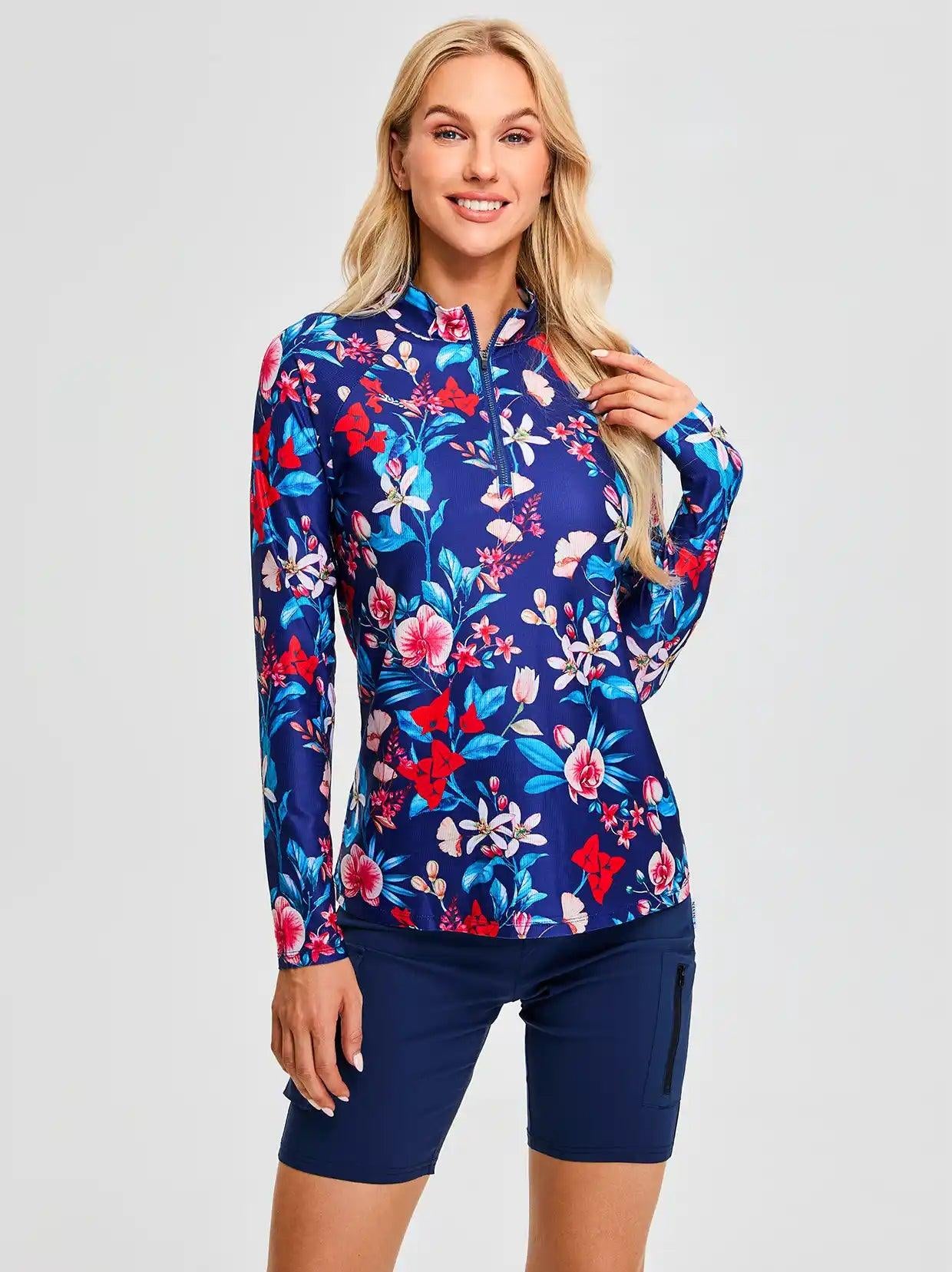 Blue Floral V-Neck Long Sleeve Golf Polo Shirt for women