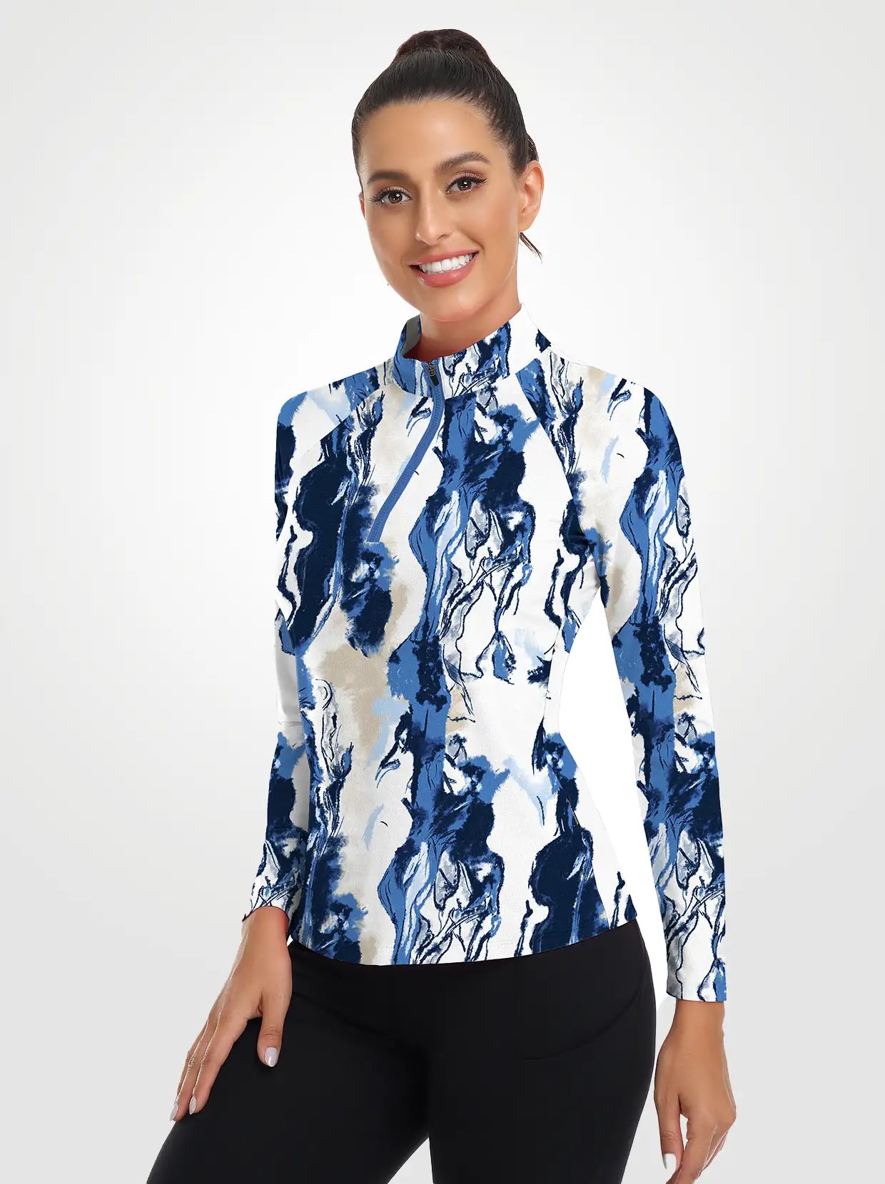 Blue and White Crack Quarter-Zip Collar Long Sleeve Shirt for Women