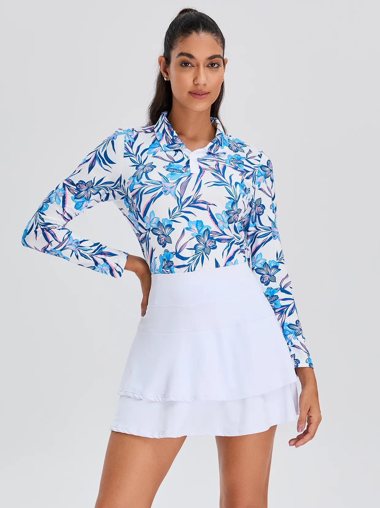 Blue Floral V-Neck Long-sleeve Golf Polo Shirt for Women