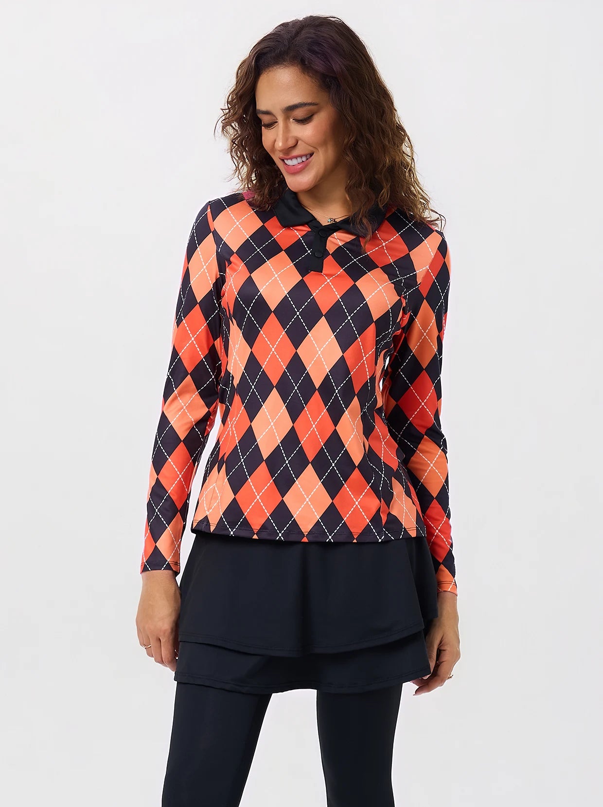 Orange and Black Argyle V-Neck Long Sleeve Polo For Women