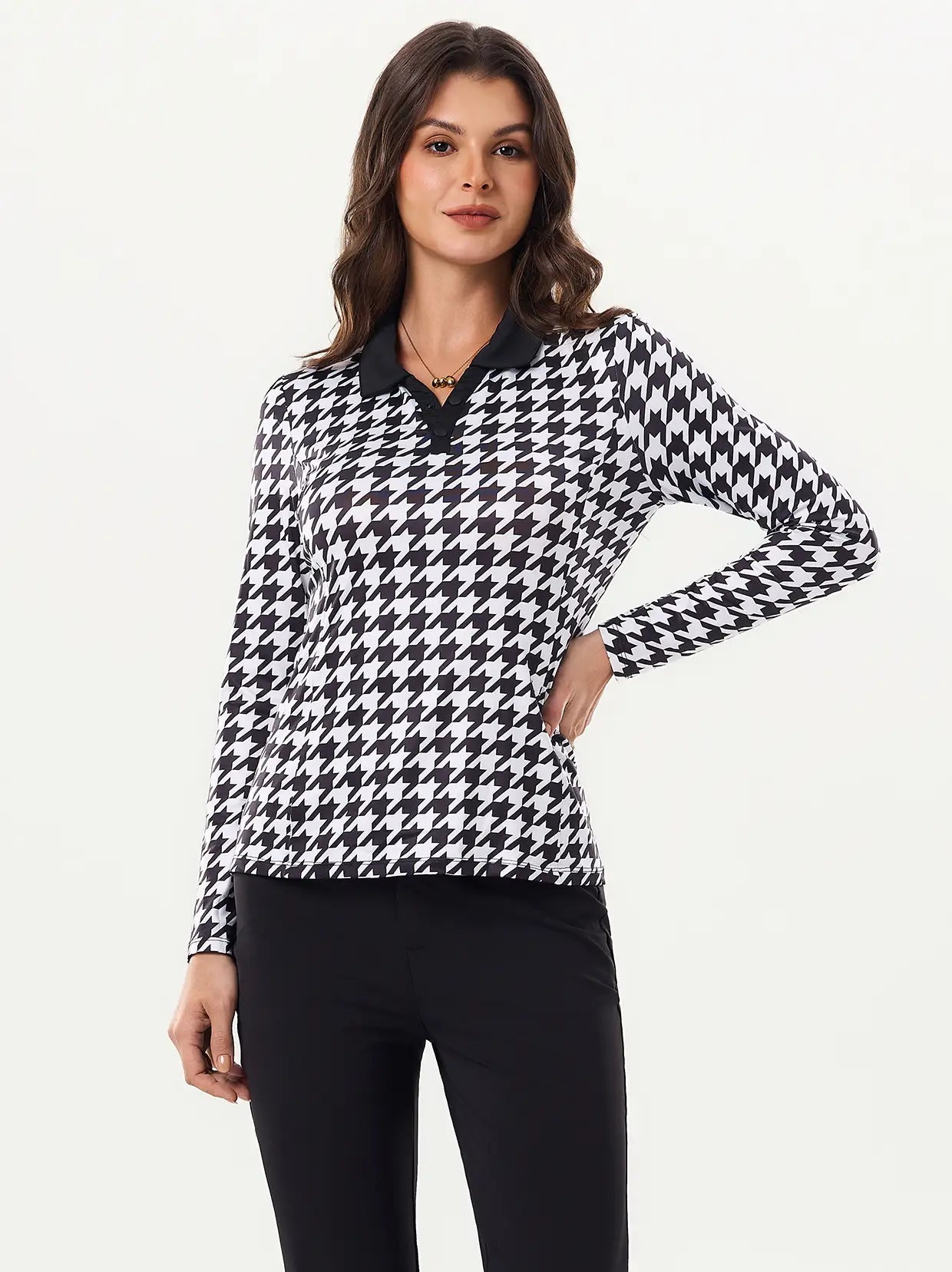 Black Houndstooth V-Neck Long Sleeve Polo For Women