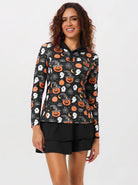 Halloween Pumpkin Ghost V-neck Long Sleeve Polo for Women