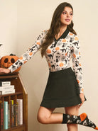 Halloween Pumpkin and Cat V-Neck Long Sleeve Polo for Women