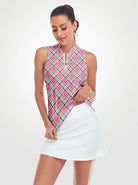 Pink and White Checkerboard Quarter-zip Sleeveless Shirt