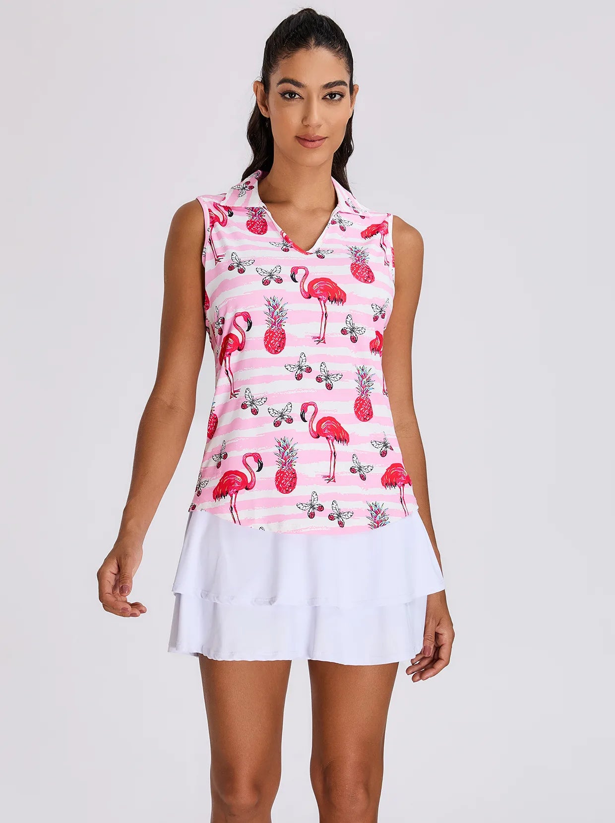 Pink Flamingo V-neck Sleeveless Polo Shirt For Women