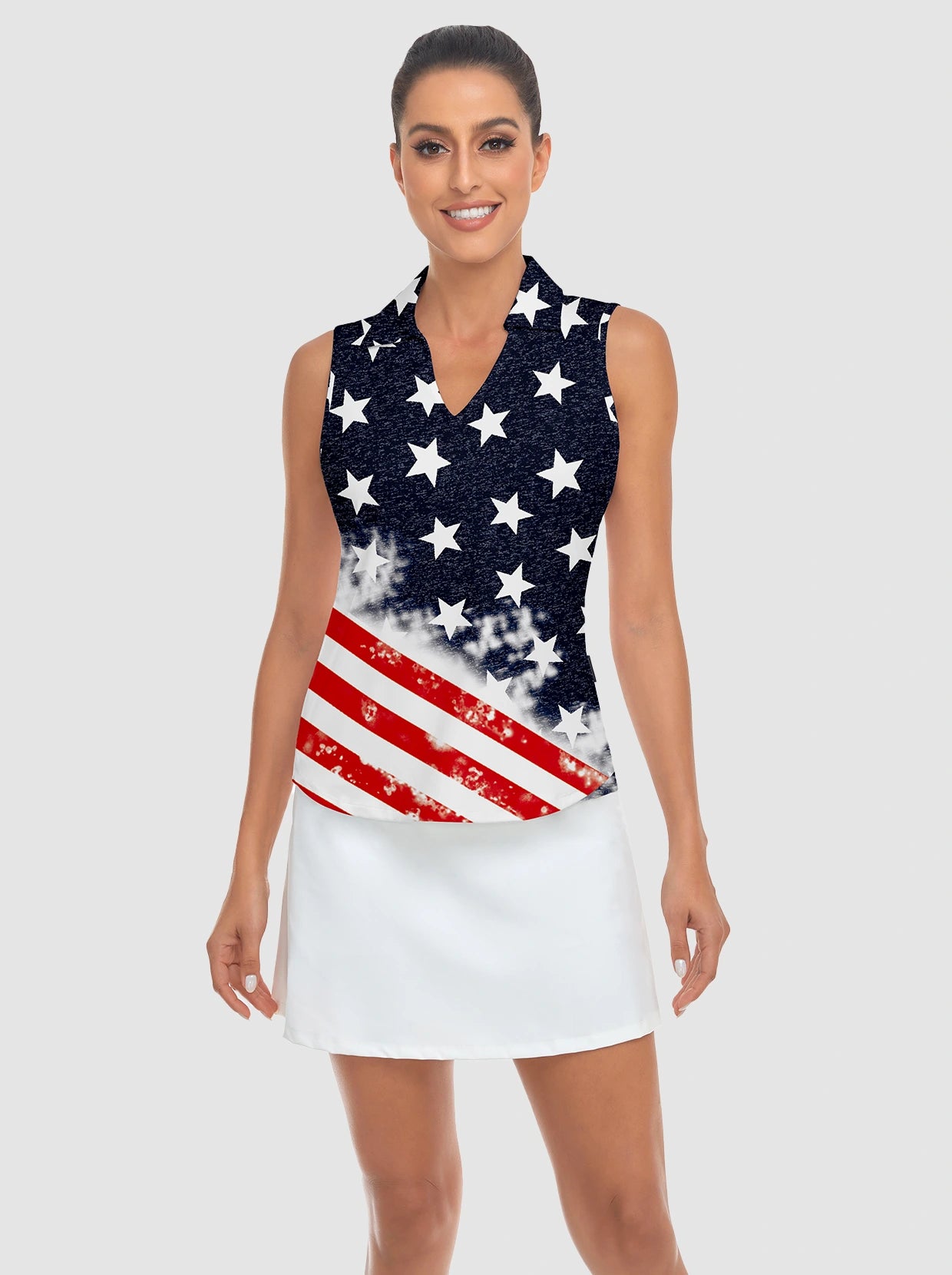 Flag Print V-neck Sleeveless Polo Shirt For Women