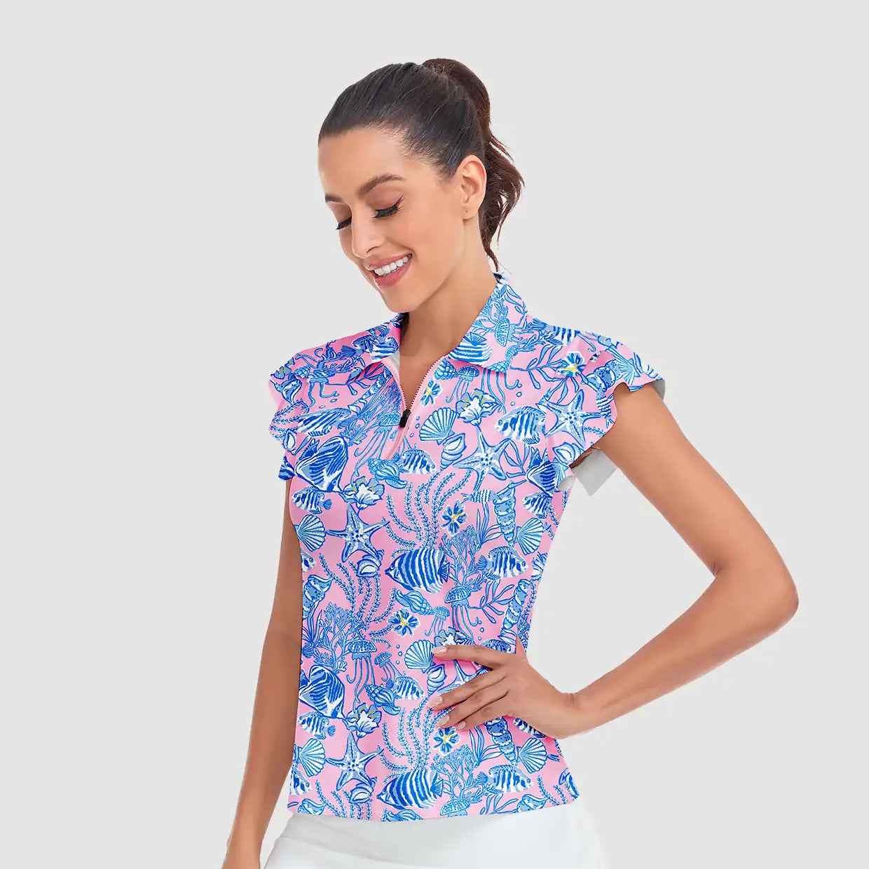 Quarter-zip Ruffled Short-sleeve Polo Shirts