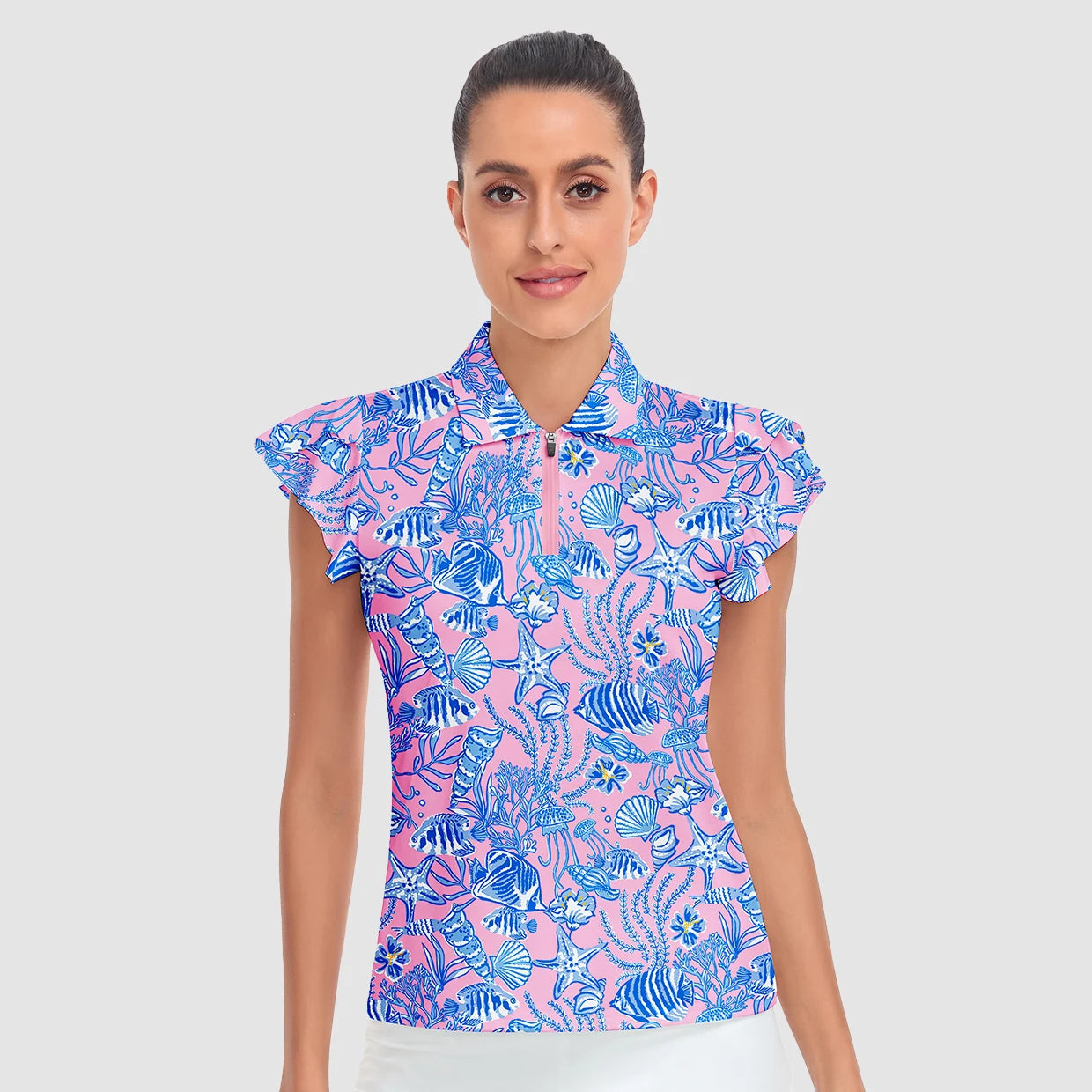 Quarter-zip Ruffled Short-sleeve Polo Shirts