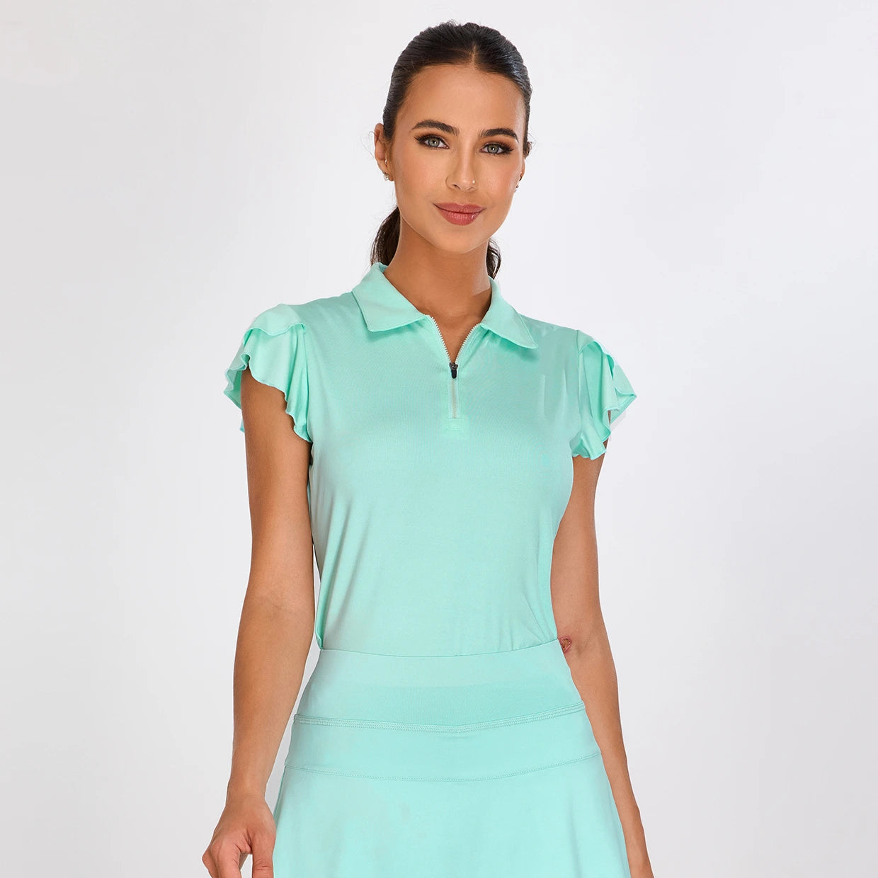 Solid Color Quarter-zip Ruffled Short-sleeve Polo Shirt for Women