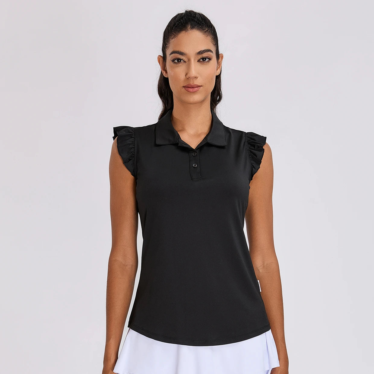 Button-Placket Ruffled Sleeveless Polo Shirt for Women