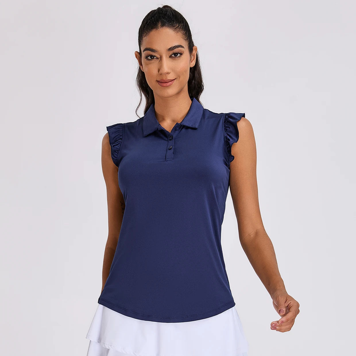 Button-Placket Ruffled Sleeveless Polo Shirt for Women