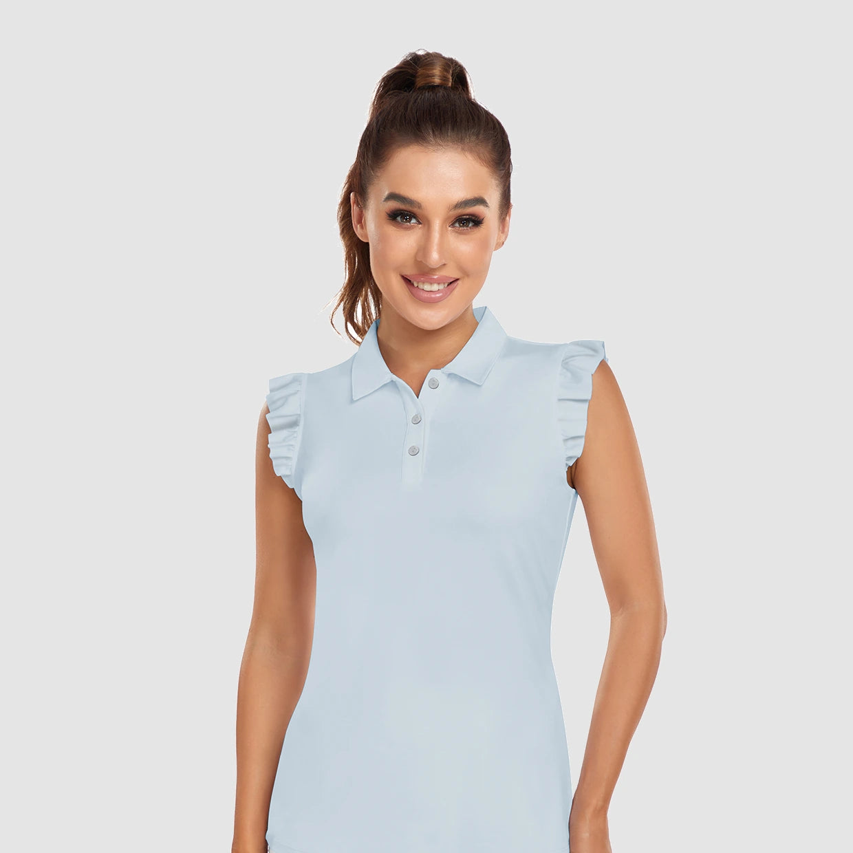 Button-Placket Ruffled Sleeveless Polo Shirt for Women