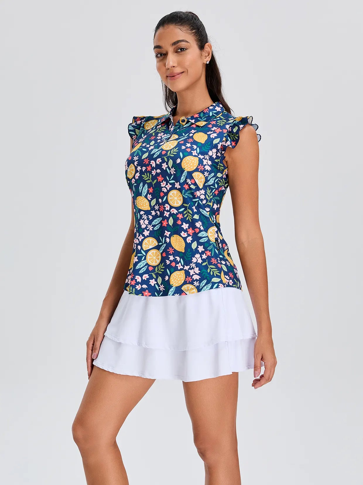 Lemon Print Ruffled Sleeveless Button-placket Shirt