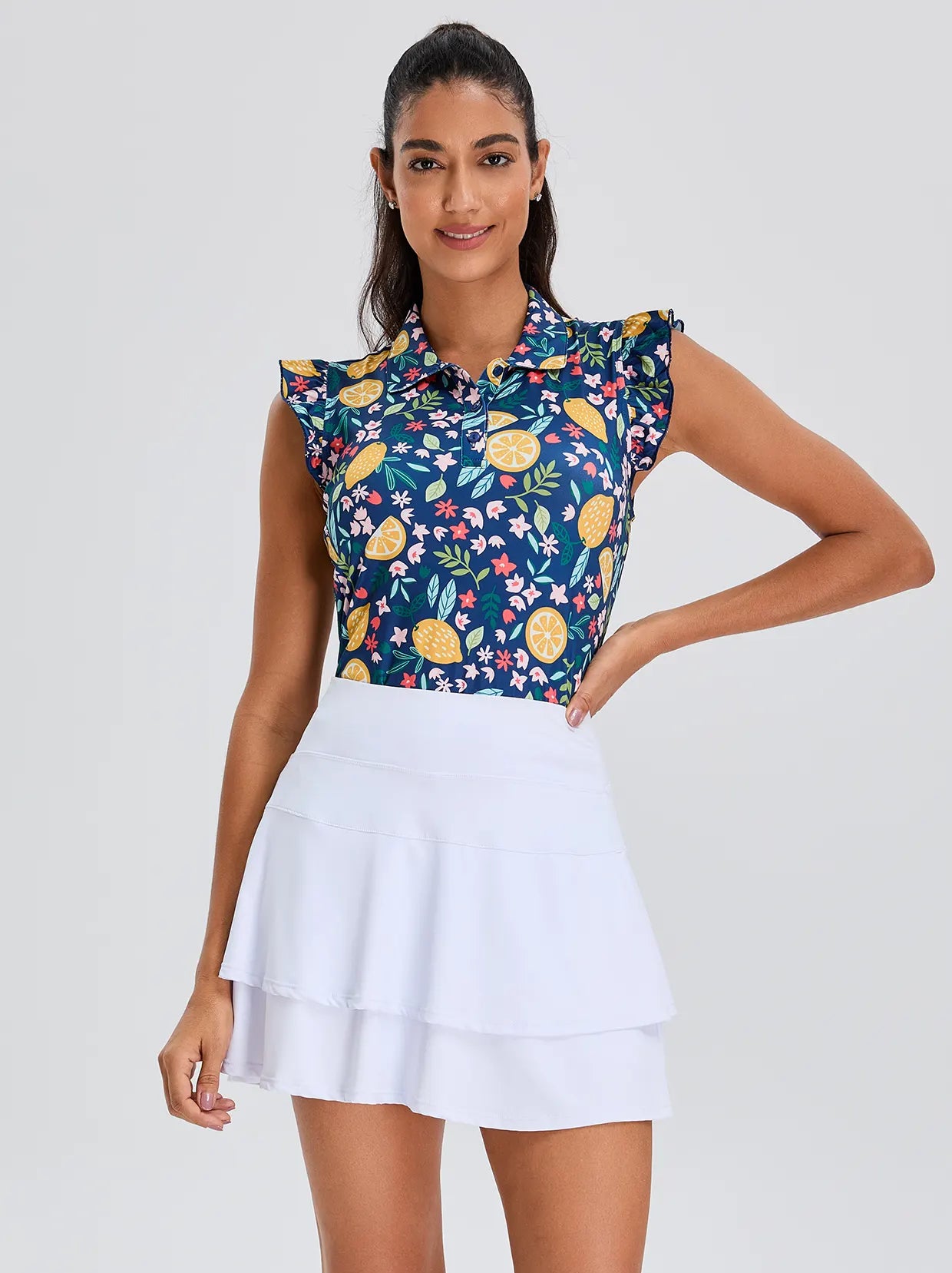 Lemon Print Ruffled Sleeveless Button-placket Shirt