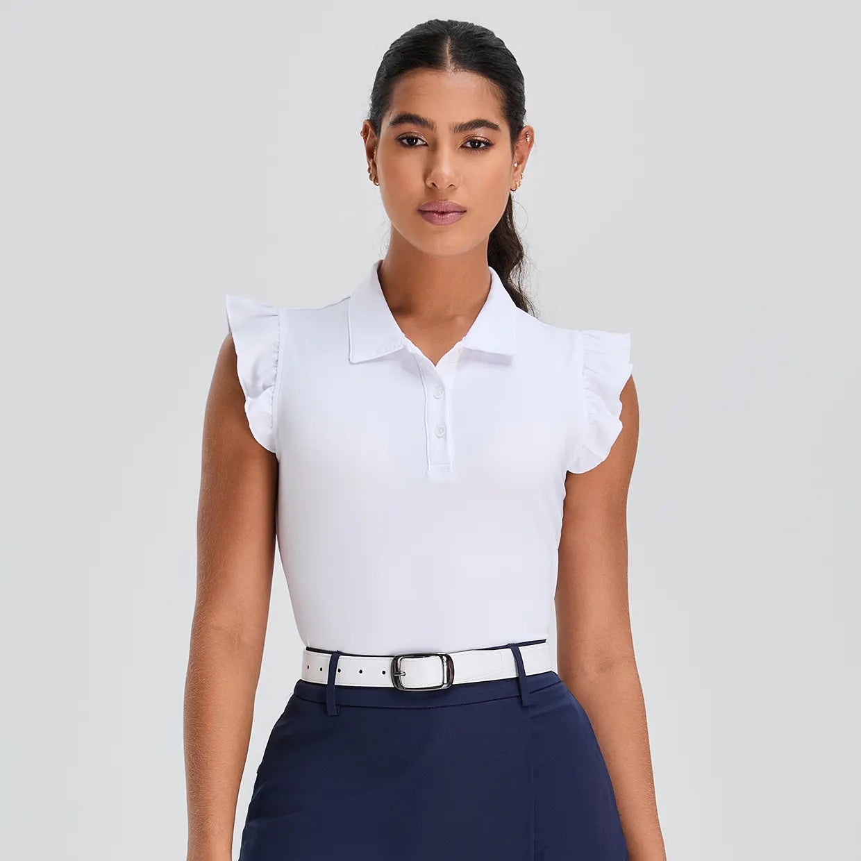 Button-Placket Ruffled Sleeveless Polo Shirt for Women