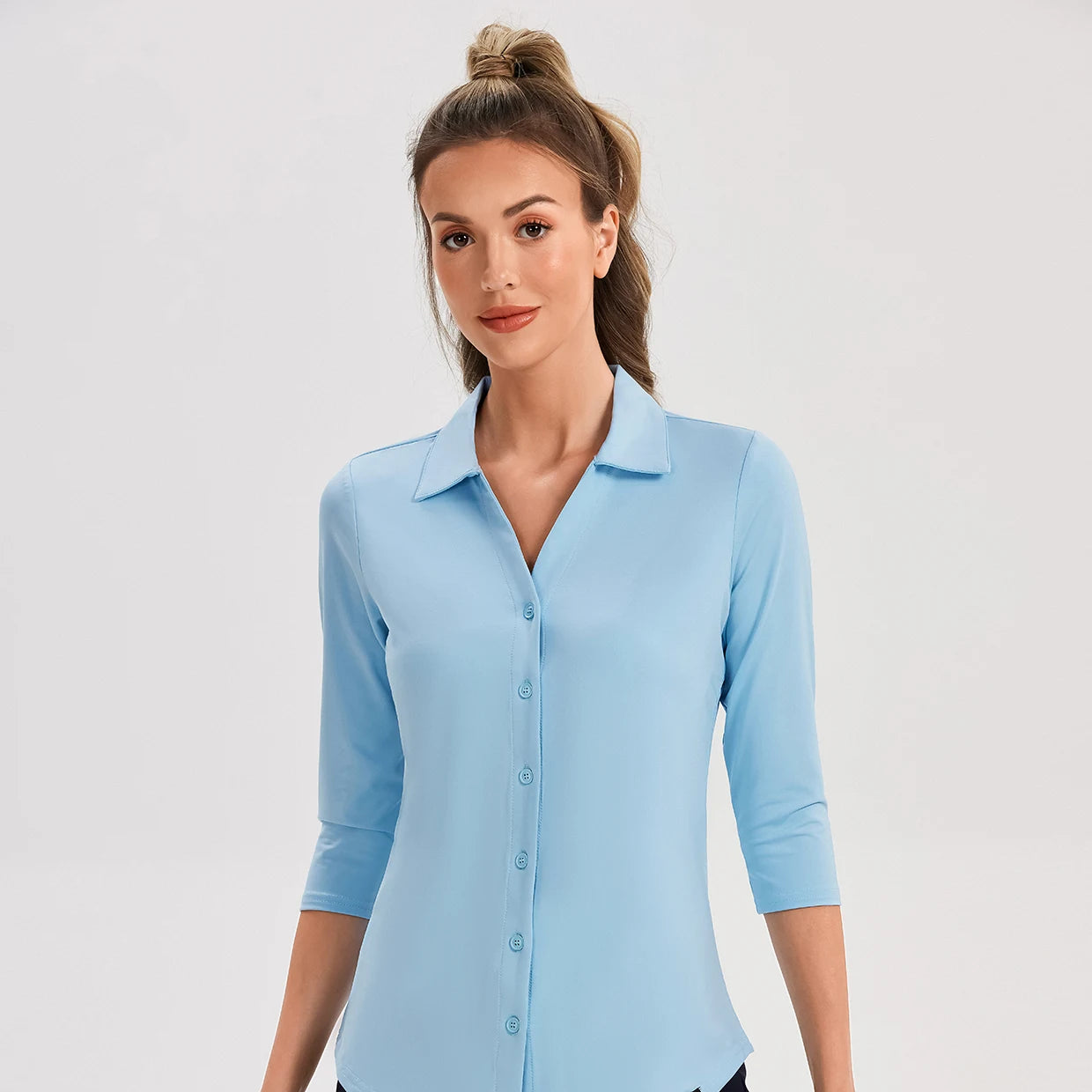 V-neck Button-Down 3/4 Sleeve Polo Shirts