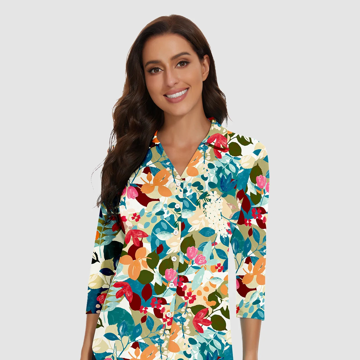 V-neck Button-Down 3/4 Sleeve Polo Shirts