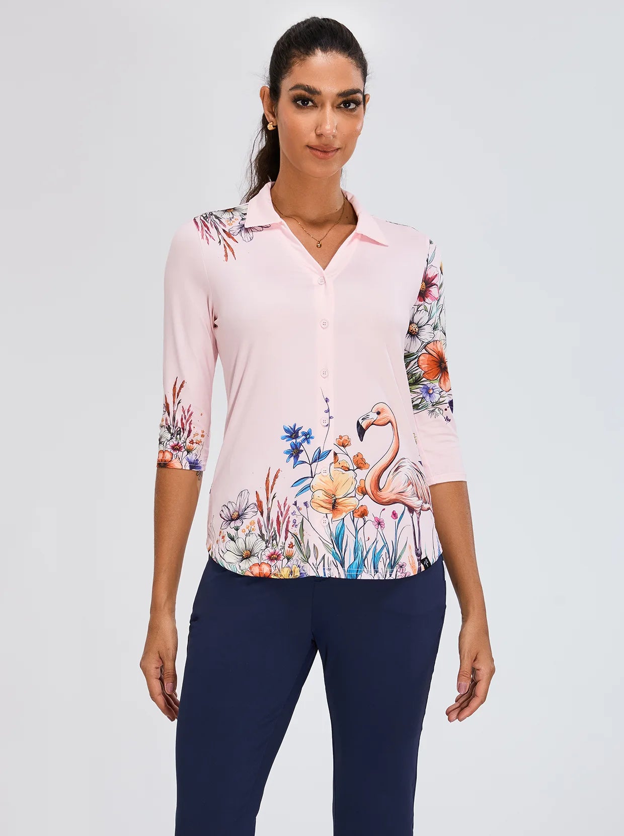 Pink Flamingo and Floral V-neck Button-Down 3/4 Sleeve Shirt