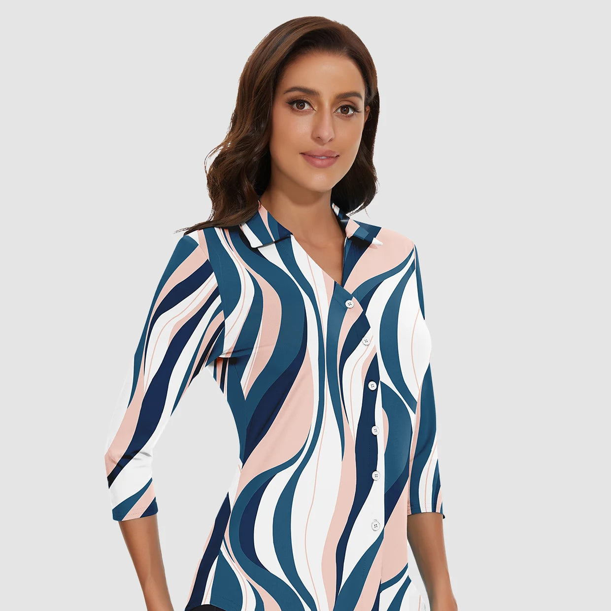 V-neck Button-Down 3/4 Sleeve Polo Shirts