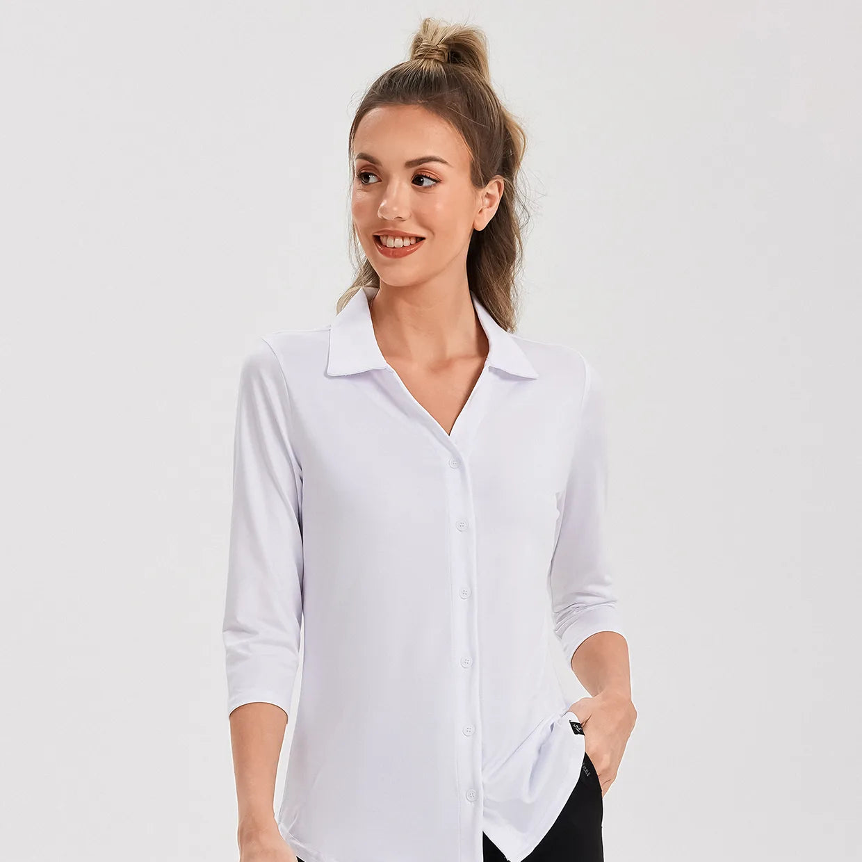 V-neck Button-Down 3/4 Sleeve Polo Shirts