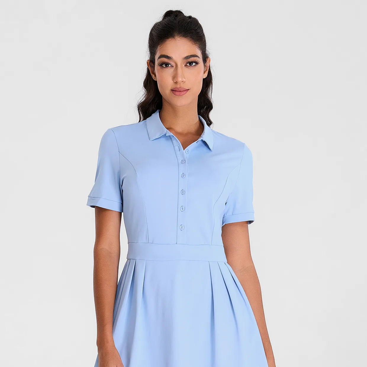 Blue Short-sleeve Athletic Pleated Dresses with Pockets