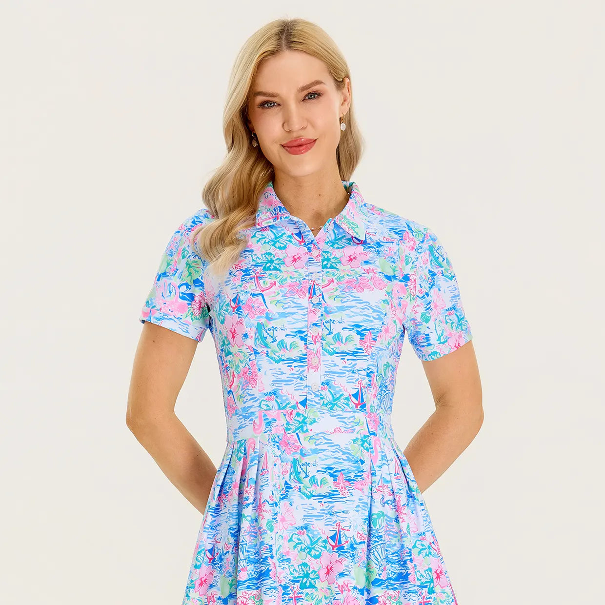 Short-sleeve Athletic 34" Pleated Dresses with Shorts and Pockets