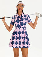 Pink Checkerboard 34" Button-placket Short-sleeve Dress with Shorts