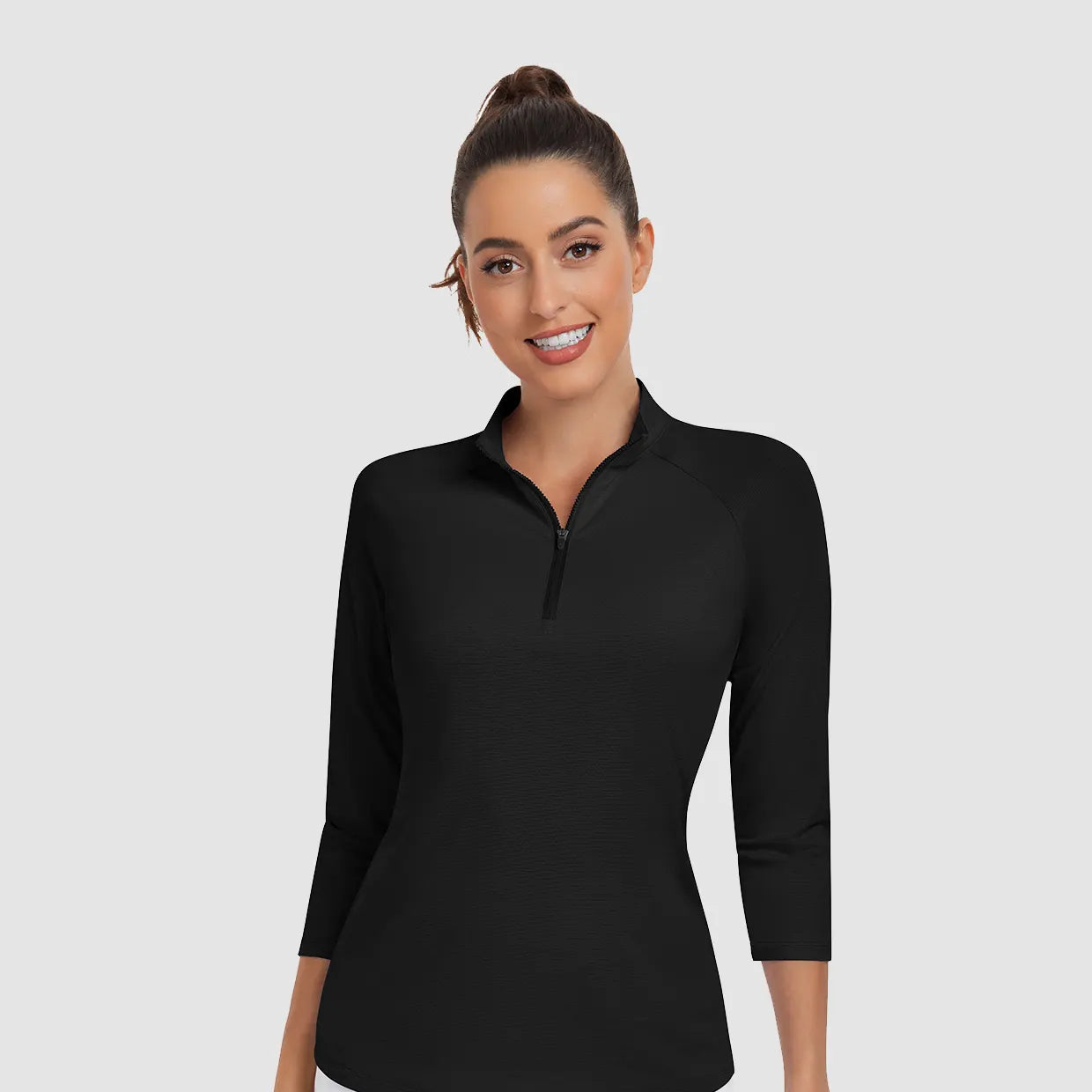 Solid Black Quarter-zip 3/4 Sleeve Shirt For Women