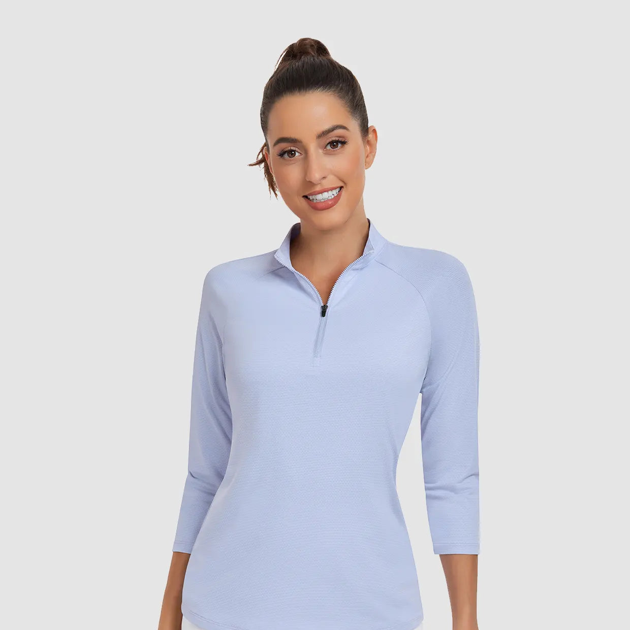 Light Blue Quarter-zip 3/4 Sleeve Shirt For Women