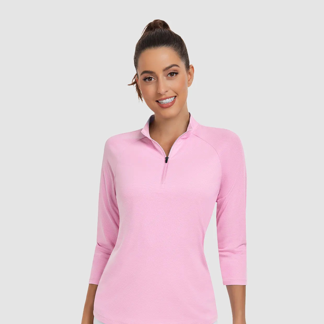 Solid Pink Quarter-zip 3/4 Sleeve Golf Shirt For Women