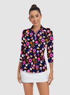 Halloween Floral and Skull Print Quarter-zip 3/4 Sleeve Shirt For Women
