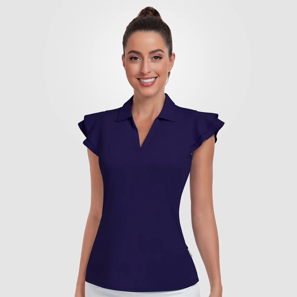 Women's Solid Color V-neck Ruffled Sleeveless Polo Shirt