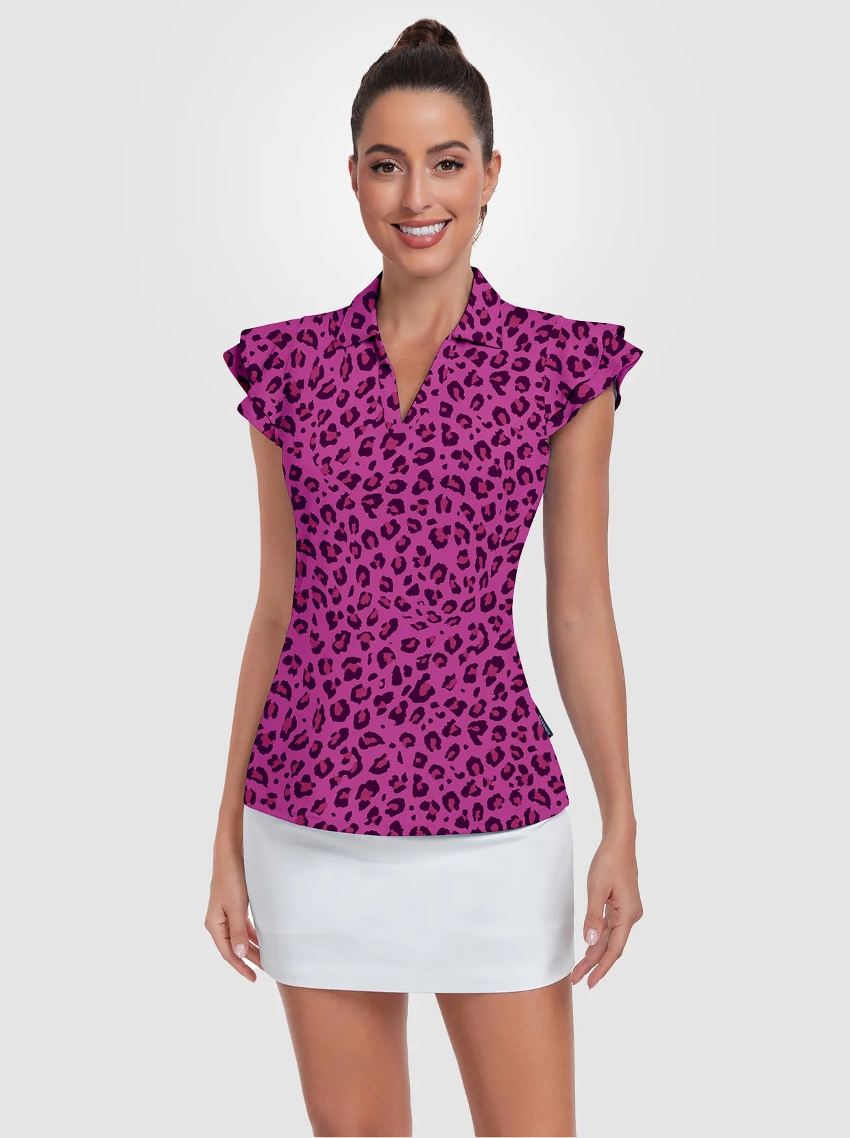Purple Leopard Ruffled Sleeveless Polo Shirt For Women
