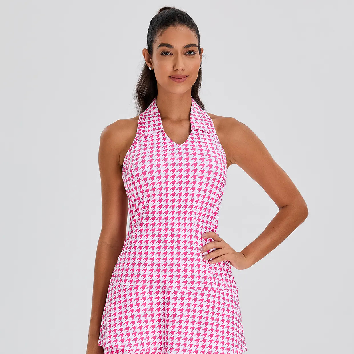 Ladies 32" Pink Houndstooth Racerback Sleeveless Dress