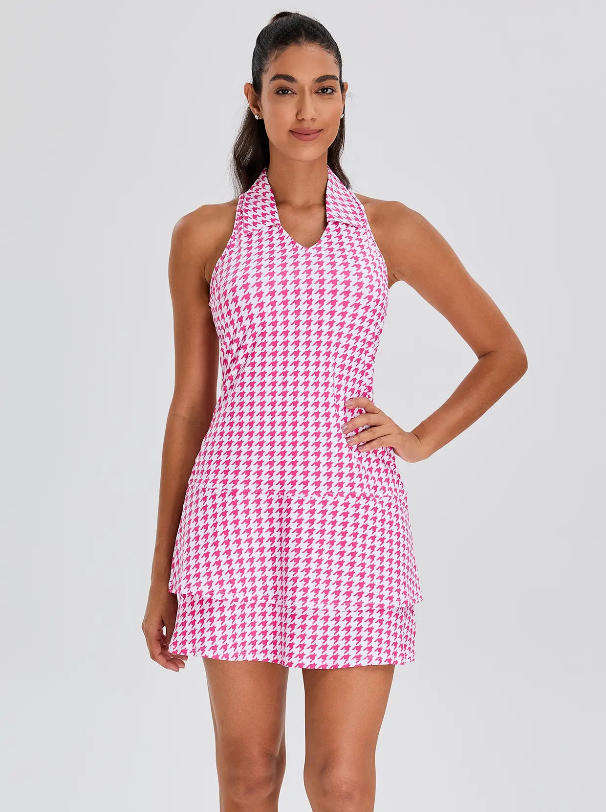 Ladies 32" Pink Houndstooth Racerback Sleeveless Dress