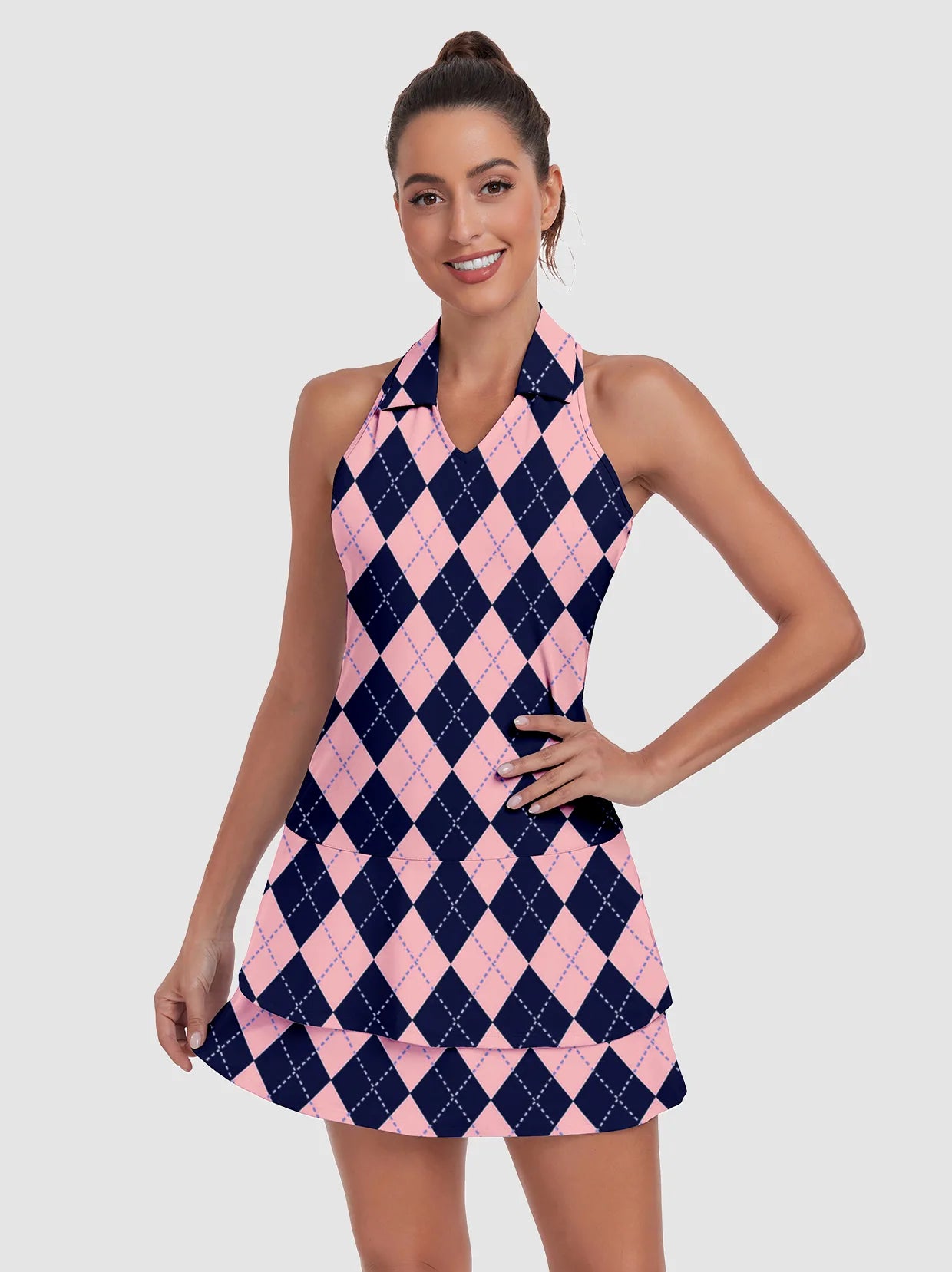 32" Pink and Blue Checkerboard Racerback Sleeveless Dress with Shorts