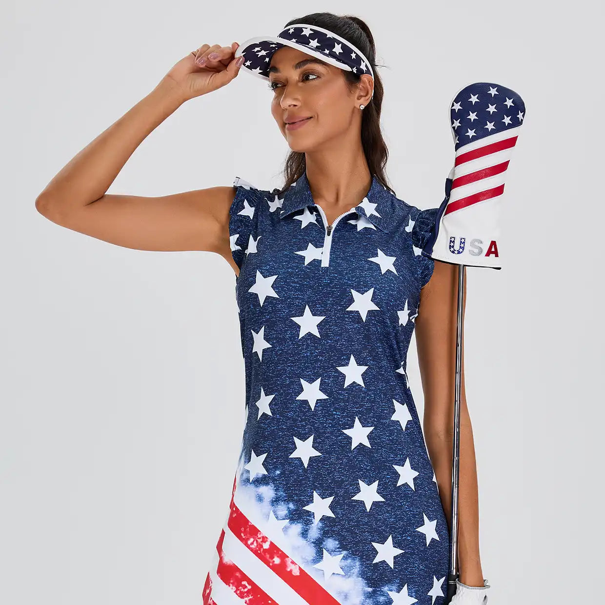 34" Blue Checkerboard Quarter-zip Ruffled Sleeveless Dress with Shorts