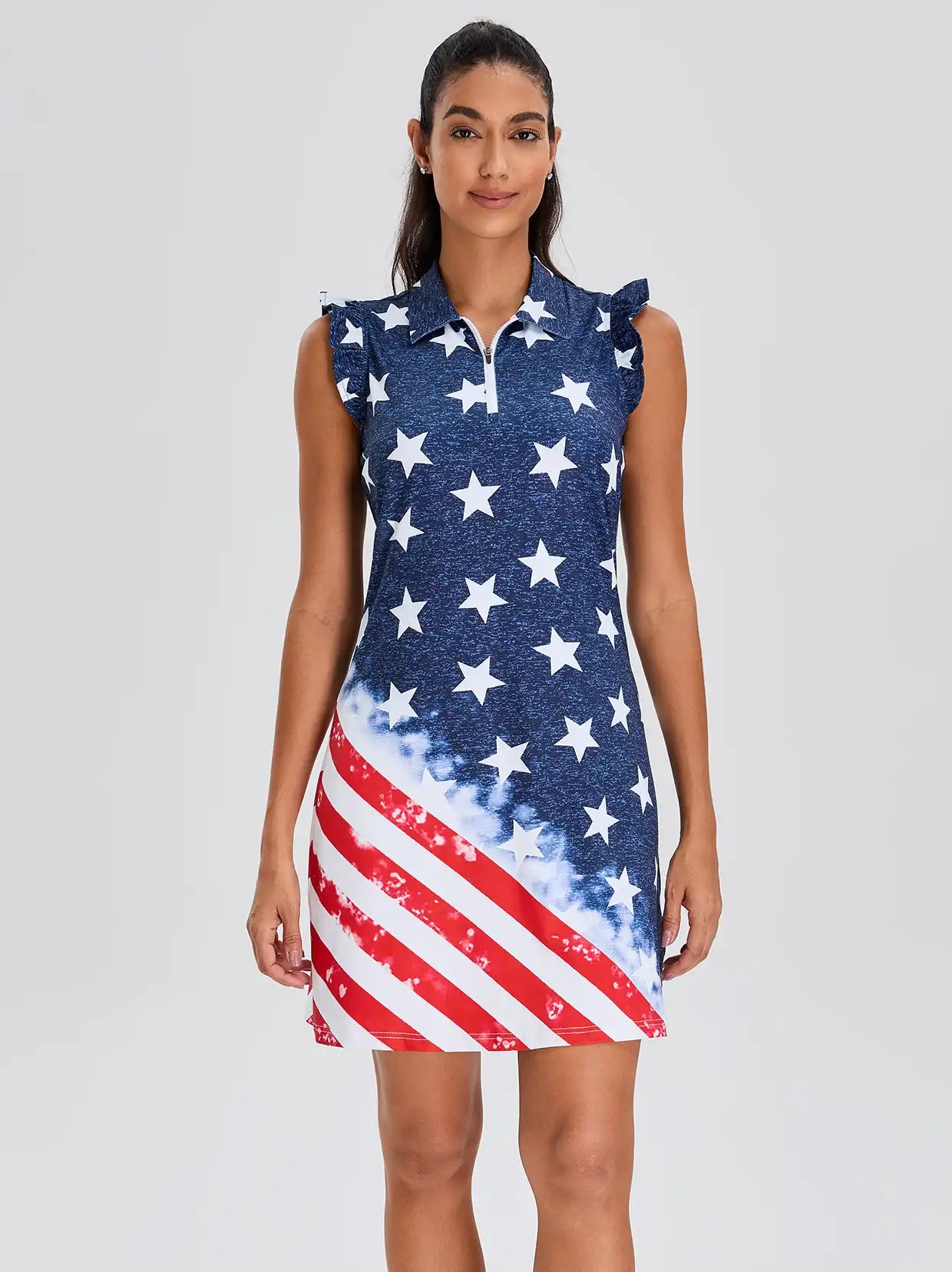 Flag Pattern 34" Ruffled Sleeveless Active Dress With Shorts