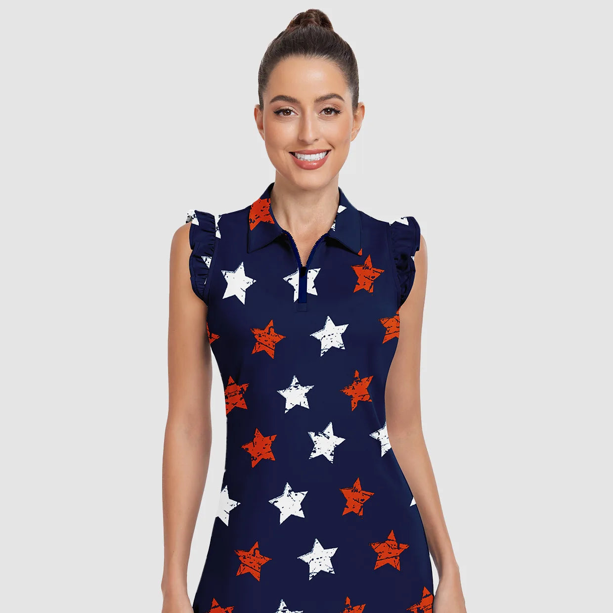 34" Blue Checkerboard Quarter-zip Ruffled Sleeveless Dress with Shorts