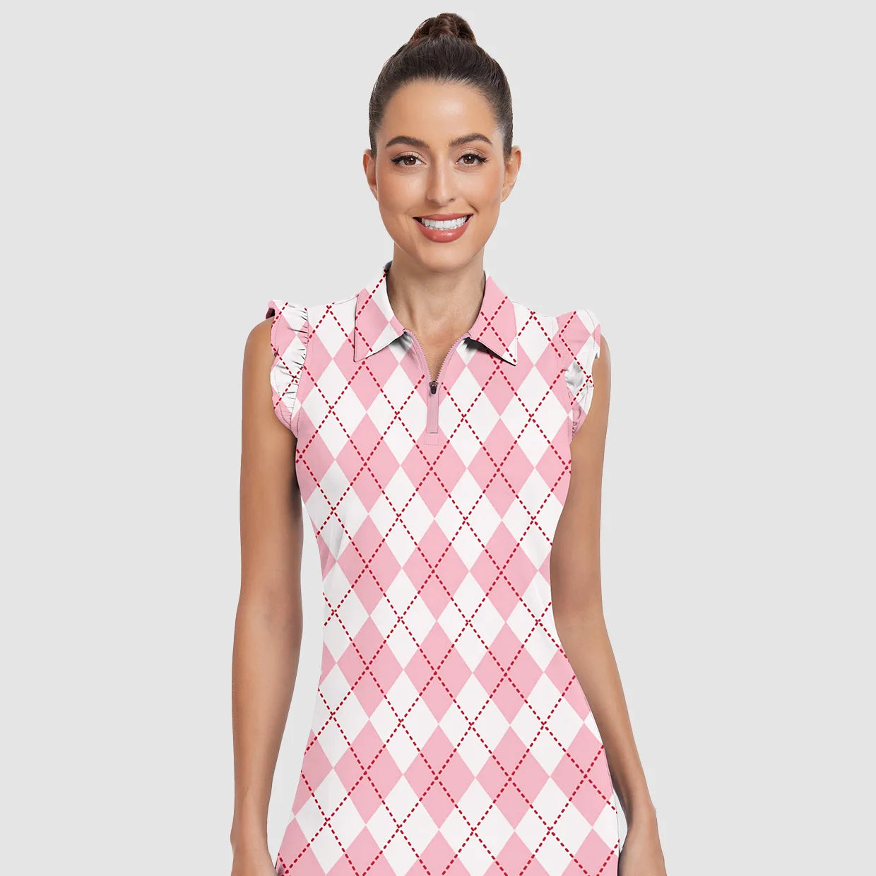 34" Pink Checkerboard Quarter-zip Ruffled Sleeveless Active Dress