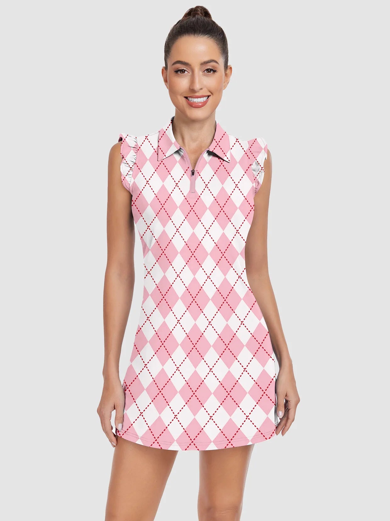34" Pink Checkerboard Quarter-zip Ruffled Sleeveless Active Dress