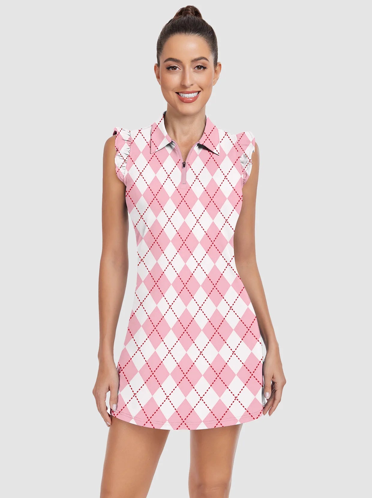 34" Pink Checkerboard Quarter-zip Ruffled Sleeveless Active Dress