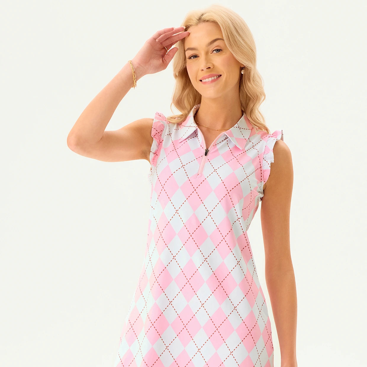 34" Pink Checkerboard Quarter-zip Ruffled Sleeveless Active Dress with Shorts