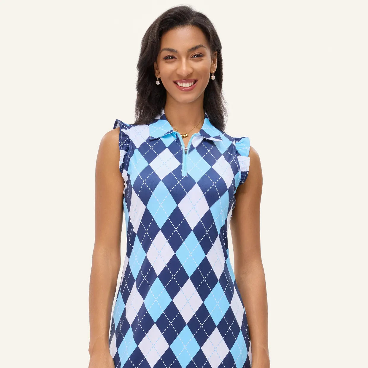 34" Blue Checkerboard Quarter-zip Ruffled Sleeveless Active Dress with Shorts